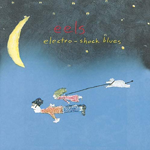 Eels" album cover: a crescent moon, figures flying with a dog on a leash.