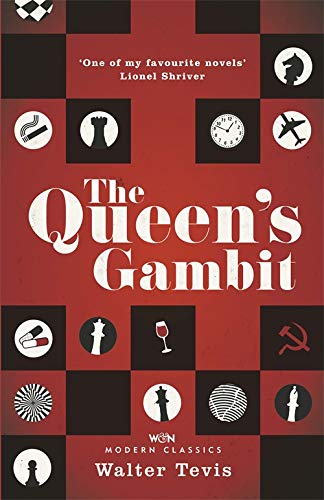 Book cover for The Queen's Gambit with a red and black checkered pattern background.