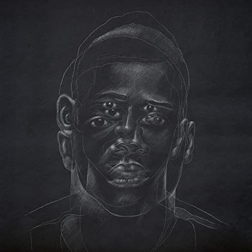 Charcoal portrait of Samora Pinderhughes with multiple eyes, album cover.