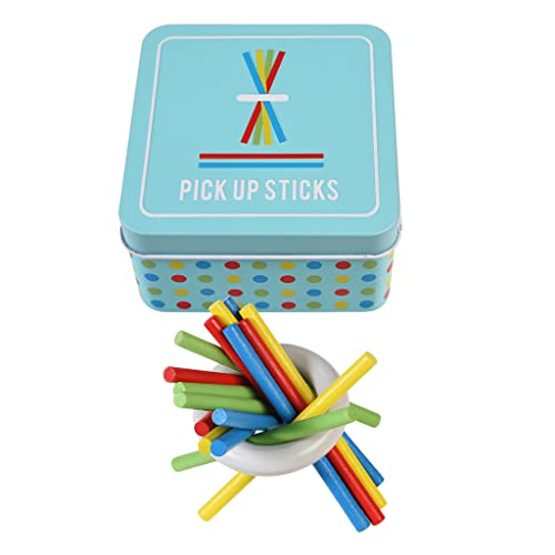 Wooden pick up sticks in a tin
