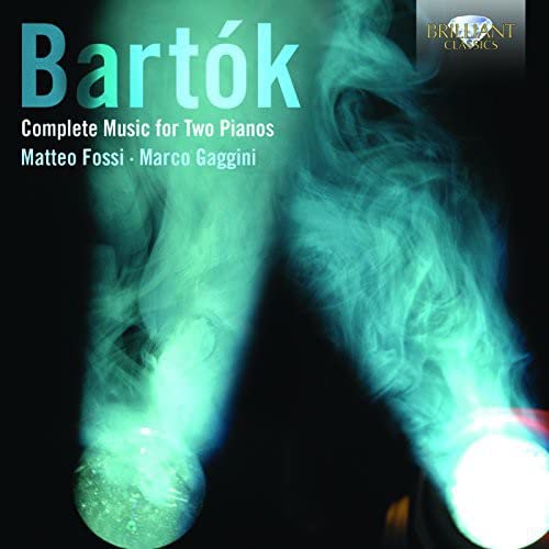 CD cover for Bartók’s complete music for two pianos, teal and black.