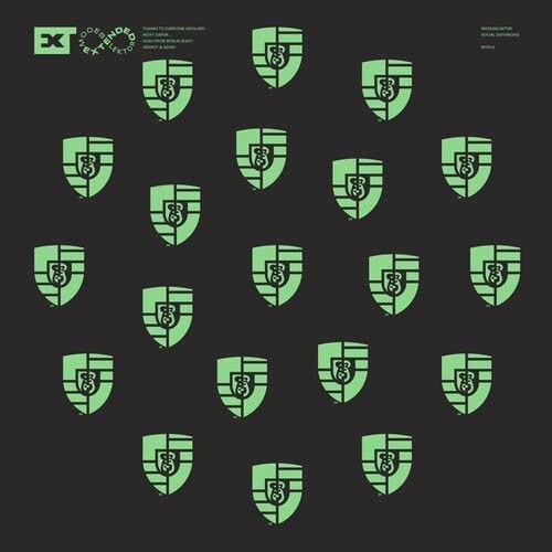 Black vinyl record cover with repeating green shield-shaped designs.