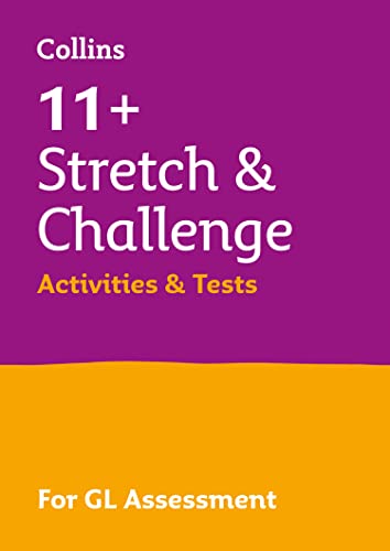 Purple and yellow book cover with “11+ Stretch & Challenge Activities & Tests” text.