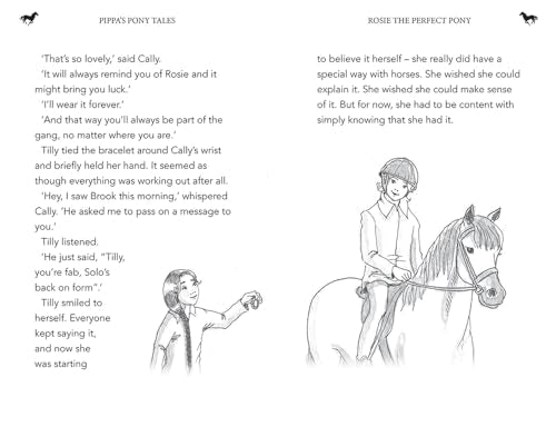 Two pages of text with illustrations of a girl riding a horse and standing.