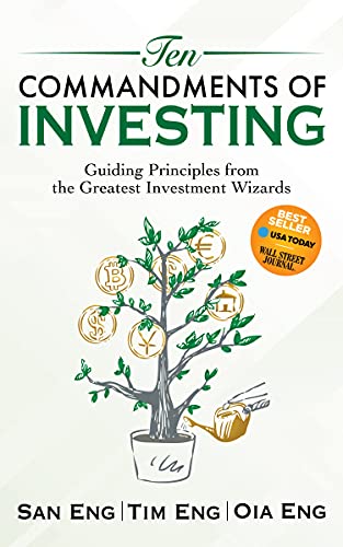 Book cover: "Ten Commandments of Investing" with money-themed illustration.