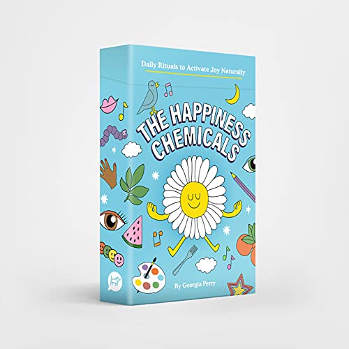 Blue box with colorful illustrations and the title "The Happiness Chemicals.