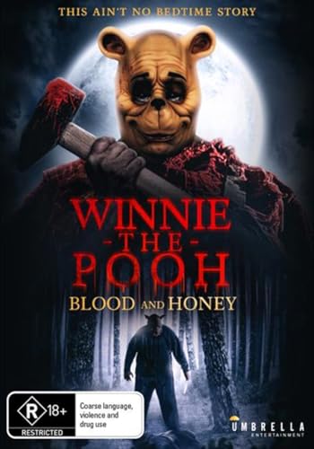 Horror movie poster featuring Winnie the Pooh with a bloody axe, dark forest.