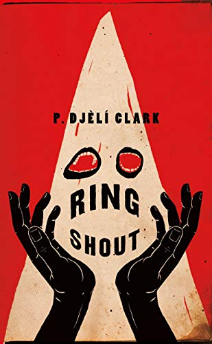 Book cover with a white pointed hood, red background, and black hands reaching up.