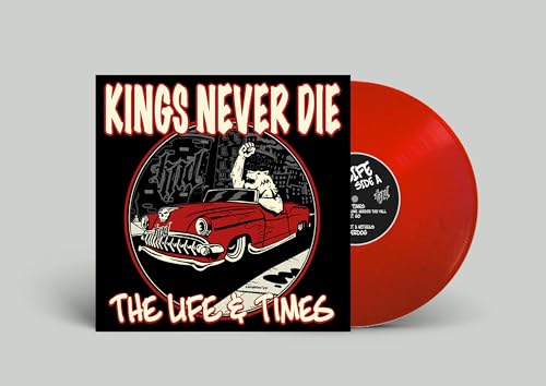 Red vinyl record with cover art featuring a car and bear.