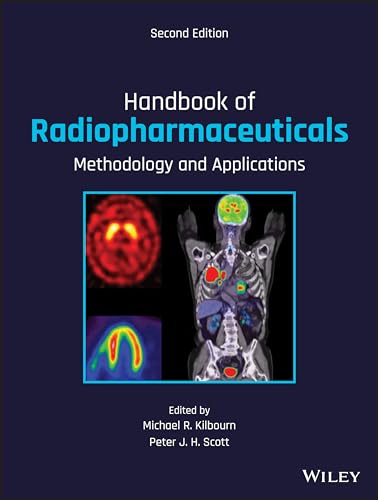 Book cover of Handbook of Radiopharmaceuticals featuring medical imaging scans on a dark background.
