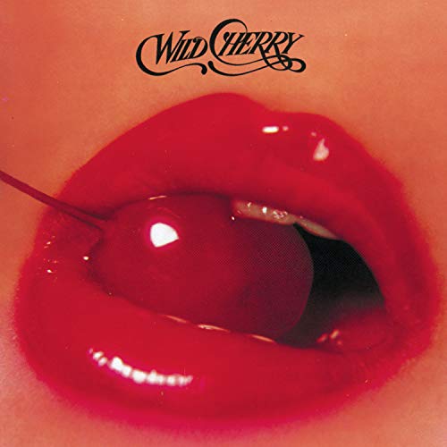 Red lips with a cherry partially inside the mouth, album cover.