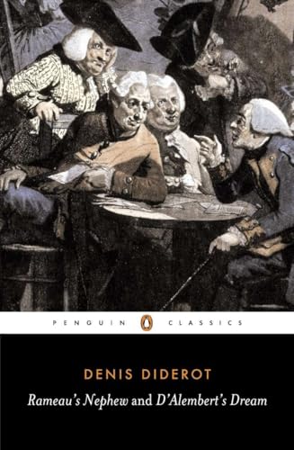18th-century figures gathered around a table, book cover for “Rameau’s Nephew.”