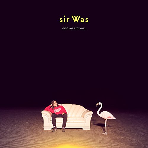 Person sitting on a couch with a pink flamingo in a desert.