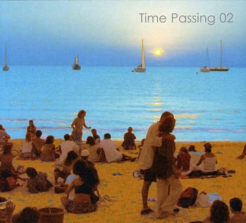 Beach scene with people and sailboats at sunset, CD cover art.