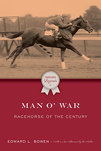Vintage photo of jockey on dark horse, book cover for “Man O’War.”