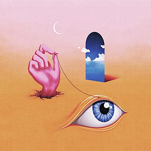 Album cover: hand, eye, doorway with clouds, crescent moon, orange background.