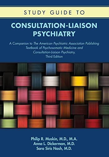 Book cover: “Study Guide to Consultation-Liaison Psychiatry” with colorful stacked cylinders.
