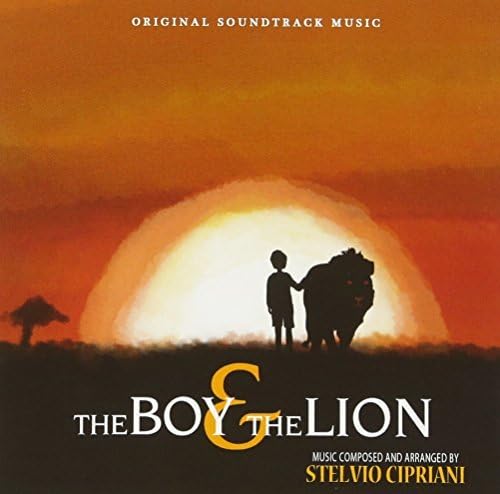 CD cover: Silhouette of boy and lion against a sunset.