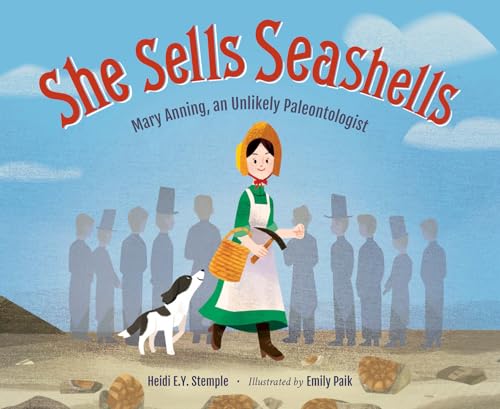 Illustration of Mary Anning with a dog, facing a line of men.