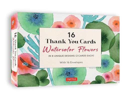 16 Thank You Cards Watercolor Flowers : 4 1/2 x 3 inch blank cards in 8 Lovely Designs (2 each) with 16 Envelopes