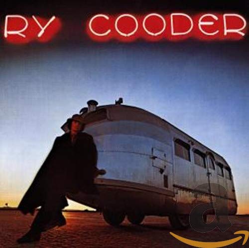 Ry Cooder album cover with a man, trailer, and neon lettering.
