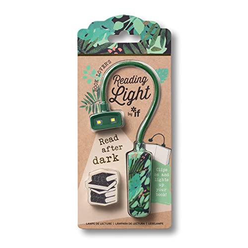 Flexible botanical reading light clipped to book, on packaging.