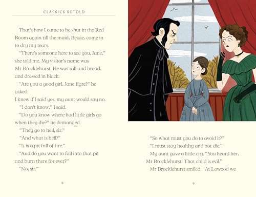 Illustration from "Classics Retold: Jane Eyre" depicting a tense scene with three figures.