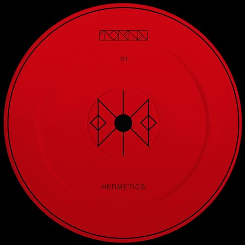 Red vinyl record label with geometric designs and "HERMETICS" text.