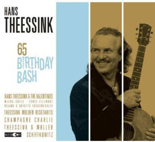 Hans Theessink’s 65th Birthday Bash CD cover with portrait and guitar.