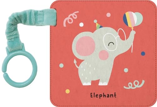Red soft book with a grey elephant, teether ring, and handle.