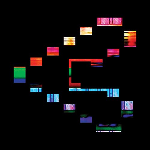 Black background with scattered, colorful rectangular pixelated shapes.