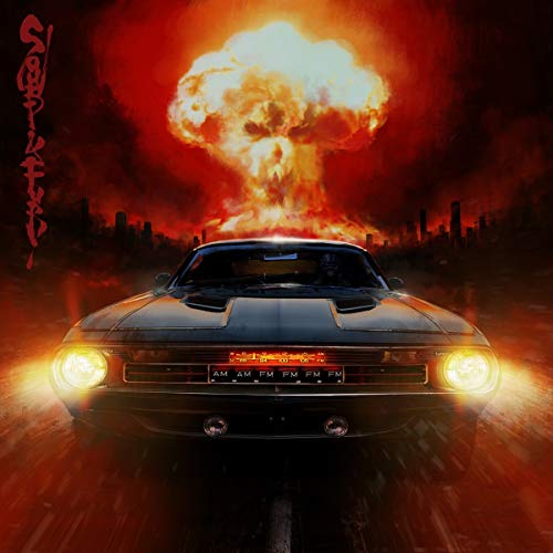 Album cover: car facing a fiery mushroom cloud and desolate landscape.