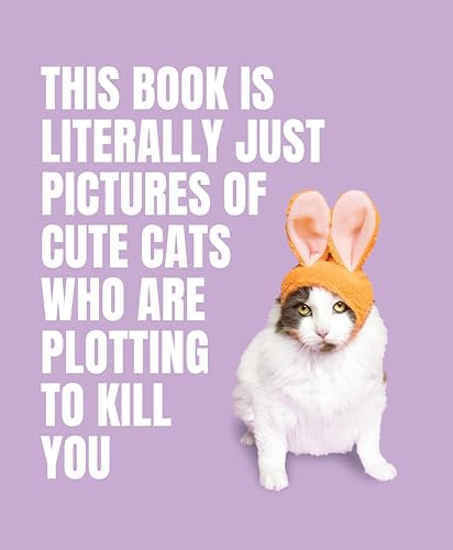A cat wearing a bunny ear hat on a light purple background with white text.