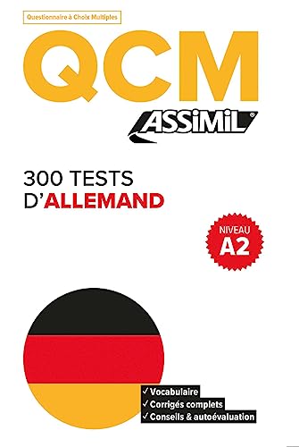 German language learning book, “QCM 300 Tests”, A2 level, with German flag.