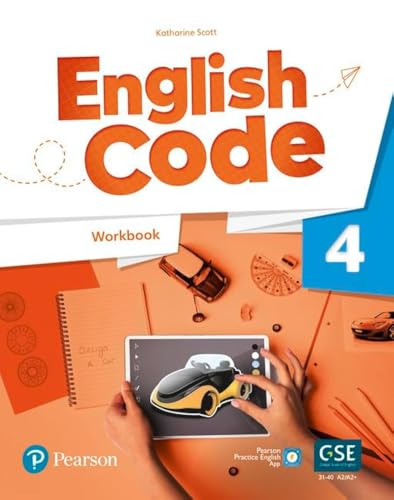 English Code" Level 4 student workbook with app, showing hands using a tablet.