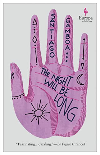 Book cover: pink hand with palmistry symbols and title "The Night Will Be Long".