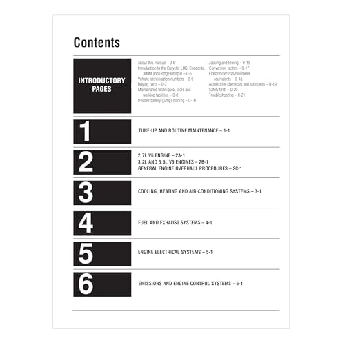 A table of contents page from a Chrysler automotive repair manual.