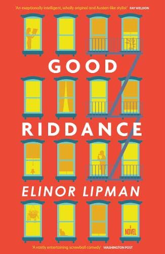 Book cover: red background with illustrated windows and the title "Good Riddance".