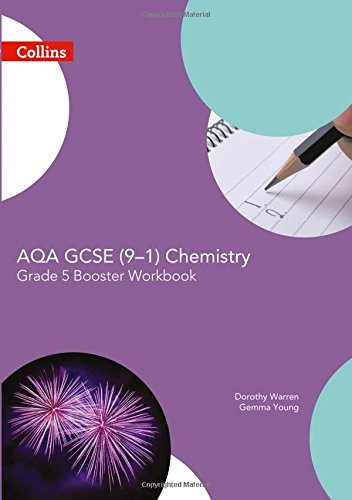 Purple workbook cover with pencil and fireworks, titled "AQA GCSE Chemistry.