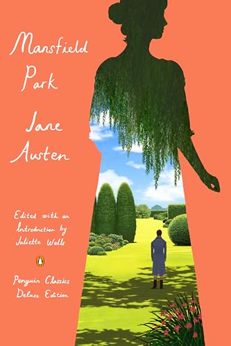 Book cover of "Mansfield Park" with a silhouette and garden scene.