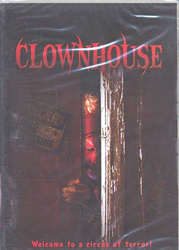DVD cover for horror film "Clownhouse" featuring a face peering through a door.