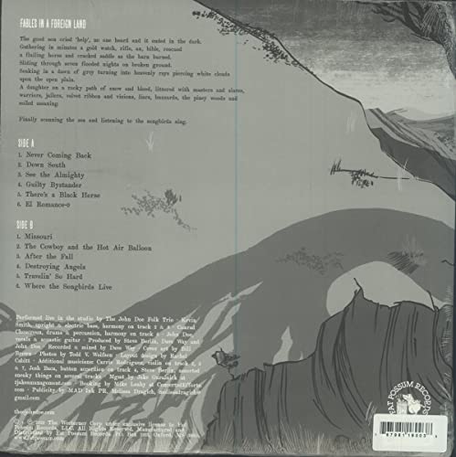 Vinyl record back cover with landscape illustration and song list text.