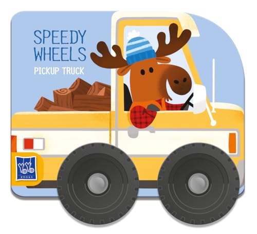 Yellow toy pickup truck with a moose driver and wood cargo.