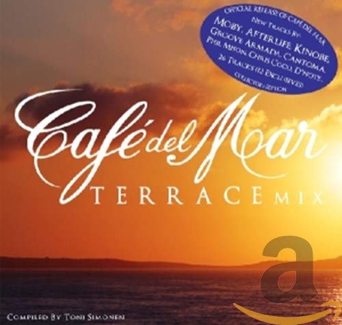 CD cover for “Cafe Del Mar - Terrace Mix” with sunset image.