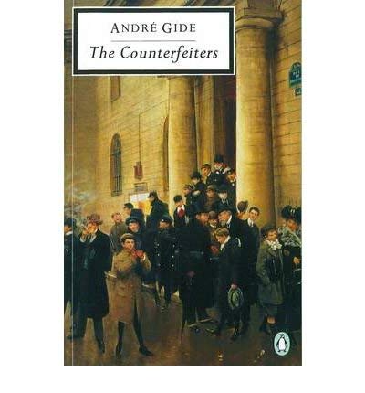 Book cover for "The Counterfeiters" by André Gide, with a crowd scene.