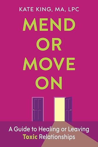 Book cover: "Mend or Move On" with doors and a glowing path.