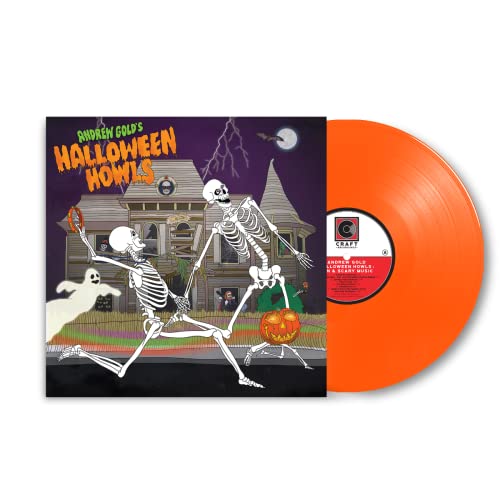 Orange vinyl record with Halloween-themed album cover featuring skeletons.