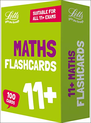 Green box of Letts 11+ Maths flashcards with large text and numbers.
