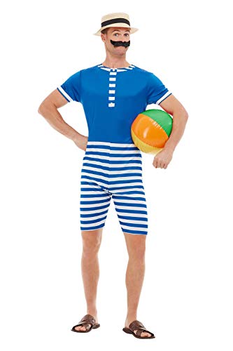 Smiffys 50726L 20s Bathing Suit Costume, Men, Blue & White, L-Size 42"-44"