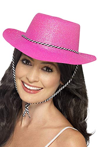 Smiffys Cowboy Glitter Hat with Cord Plastic - Neon Pink